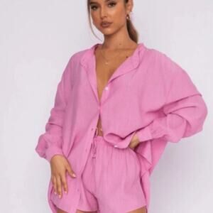 White Fox Brand Take Me Out Shirt Pink Small/Medium Button Down Long Sleeve